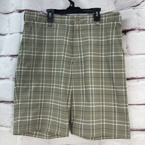Nike Golf Shorts Mens SZ 34 Plaid Flat Front Performance Dri Fit Chino Tan Blue